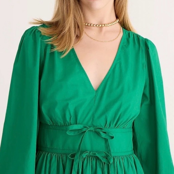 J. Crew Green V-neck Cotton Poplin Mini Dress Size 2 Puff Sleeve - Picture 2 of 13